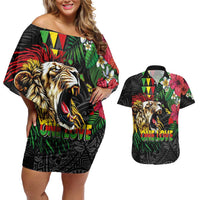 Hawaiian One Love Couples Matching Off Shoulder Short Dress and Hawaiian Shirt Reggae Lion Tropical Plants and Kakau with Tribal Pattern LT03 Black - Polynesian Pride