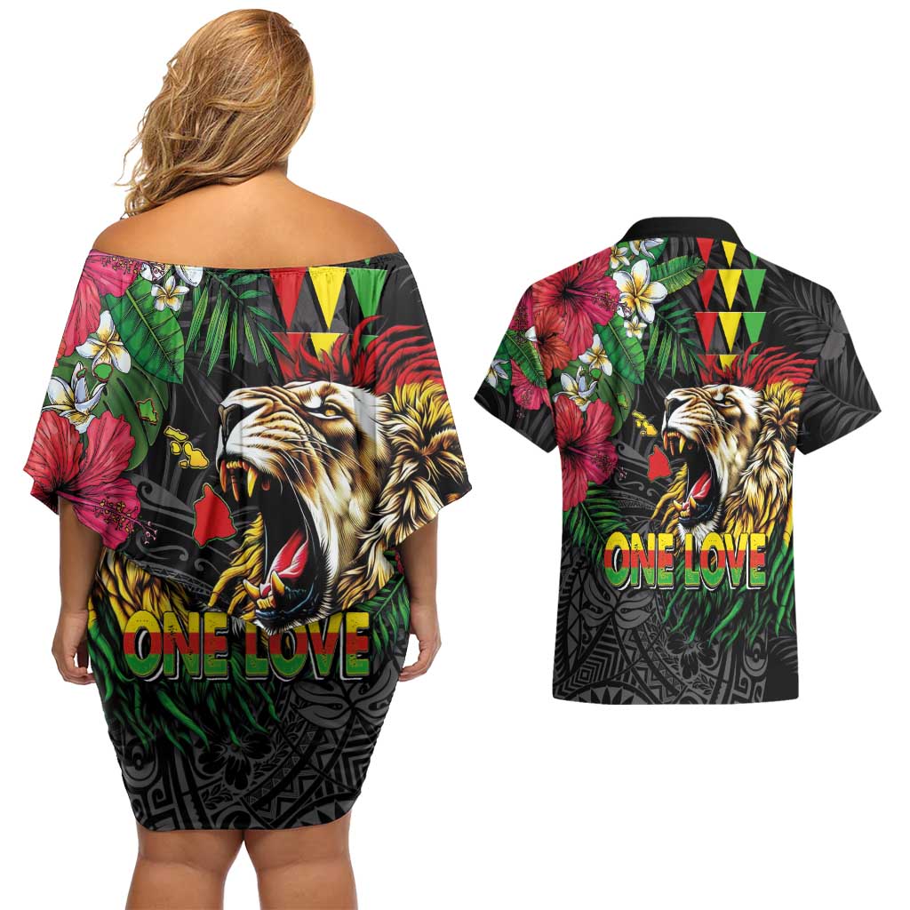 Hawaiian One Love Couples Matching Off Shoulder Short Dress and Hawaiian Shirt Reggae Lion Tropical Plants and Kakau with Tribal Pattern LT03 - Polynesian Pride