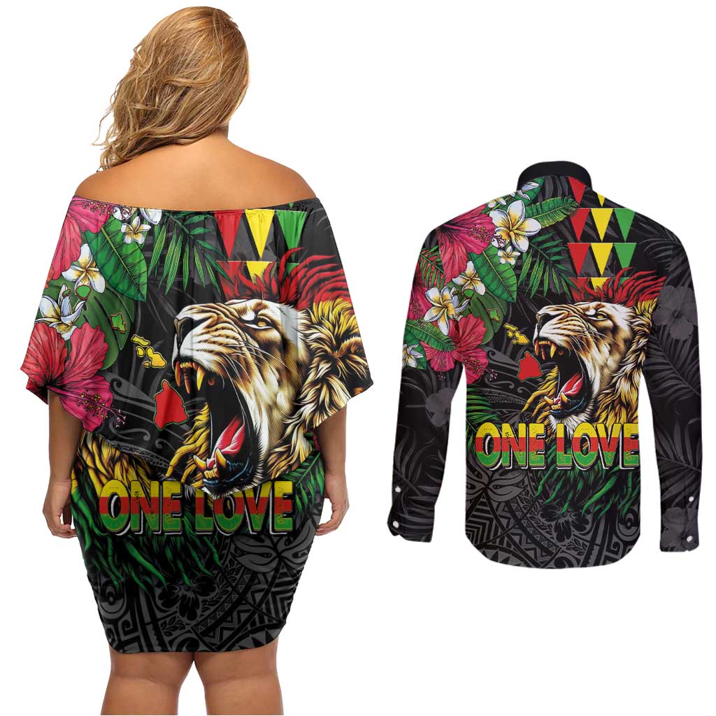 Hawaiian One Love Couples Matching Off Shoulder Short Dress and Long Sleeve Button Shirt Reggae Lion Tropical Plants and Kakau with Tribal Pattern LT03 - Polynesian Pride