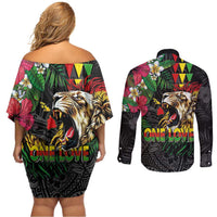 Hawaiian One Love Couples Matching Off Shoulder Short Dress and Long Sleeve Button Shirt Reggae Lion Tropical Plants and Kakau with Tribal Pattern LT03 - Polynesian Pride
