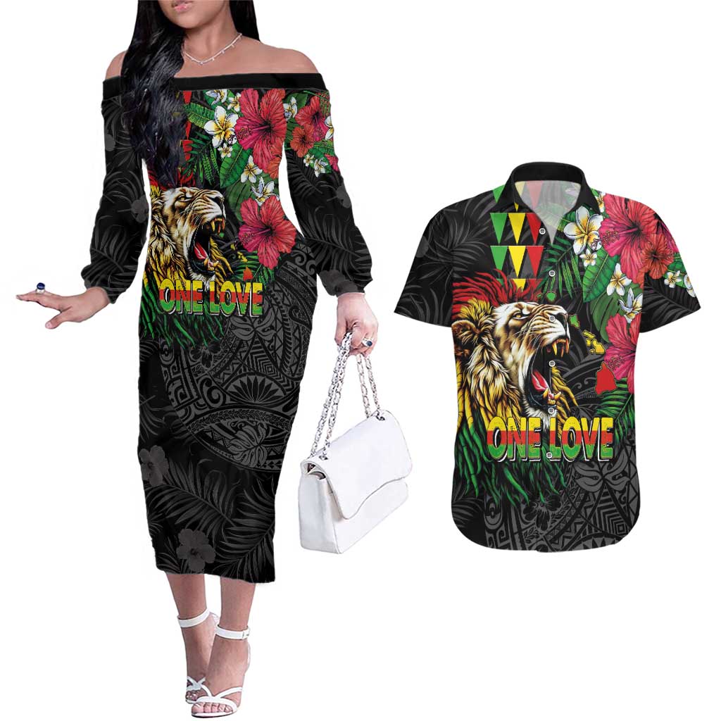 Hawaiian One Love Couples Matching Off The Shoulder Long Sleeve Dress and Hawaiian Shirt Reggae Lion Tropical Plants and Kakau with Tribal Pattern LT03 Black - Polynesian Pride