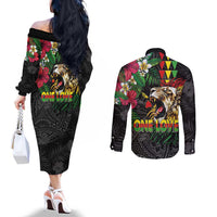 Hawaiian One Love Couples Matching Off The Shoulder Long Sleeve Dress and Long Sleeve Button Shirt Reggae Lion Tropical Plants and Kakau with Tribal Pattern LT03 - Polynesian Pride