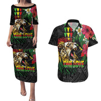 Hawaiian One Love Couples Matching Puletasi and Hawaiian Shirt Reggae Lion Tropical Plants and Kakau with Tribal Pattern LT03 Black - Polynesian Pride