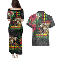 Hawaiian One Love Couples Matching Puletasi and Hawaiian Shirt Reggae Lion Tropical Plants and Kakau with Tribal Pattern LT03 - Polynesian Pride