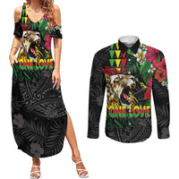 Hawaiian One Love Couples Matching Summer Maxi Dress and Long Sleeve Button Shirt Reggae Lion Tropical Plants and Kakau with Tribal Pattern LT03 Black - Polynesian Pride