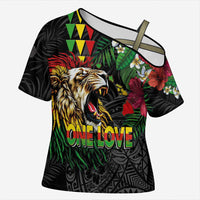 Hawaiian One Love Cross Shoulder Shirt Reggae Lion Tropical Plants and Kakau with Tribal Pattern LT03 Female Black - Polynesian Pride