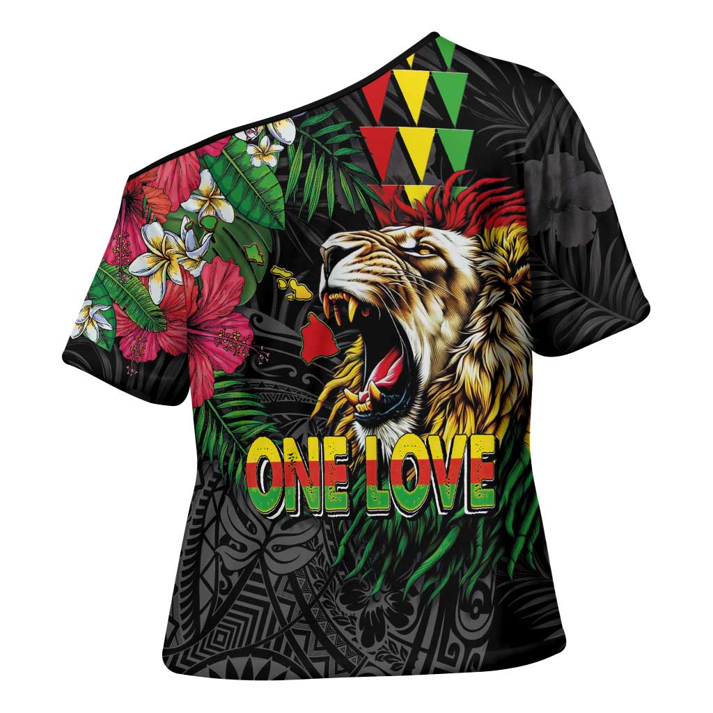 Hawaiian One Love Cross Shoulder Shirt Reggae Lion Tropical Plants and Kakau with Tribal Pattern LT03 - Polynesian Pride