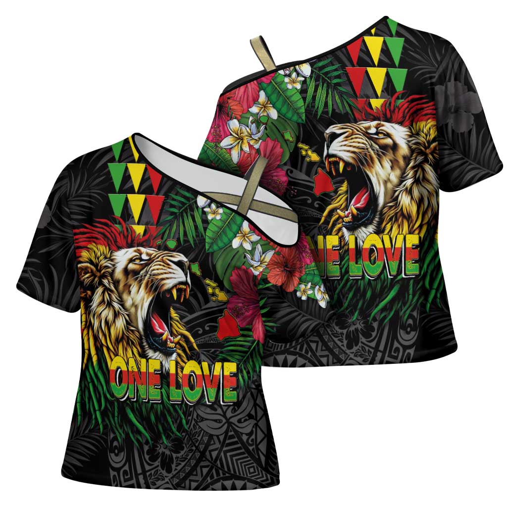 Hawaiian One Love Cross Shoulder Shirt Reggae Lion Tropical Plants and Kakau with Tribal Pattern LT03 - Polynesian Pride