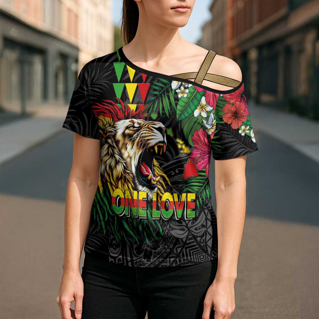 Hawaiian One Love Cross Shoulder Shirt Reggae Lion Tropical Plants and Kakau with Tribal Pattern LT03 - Polynesian Pride