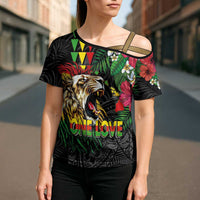 Hawaiian One Love Cross Shoulder Shirt Reggae Lion Tropical Plants and Kakau with Tribal Pattern LT03 - Polynesian Pride