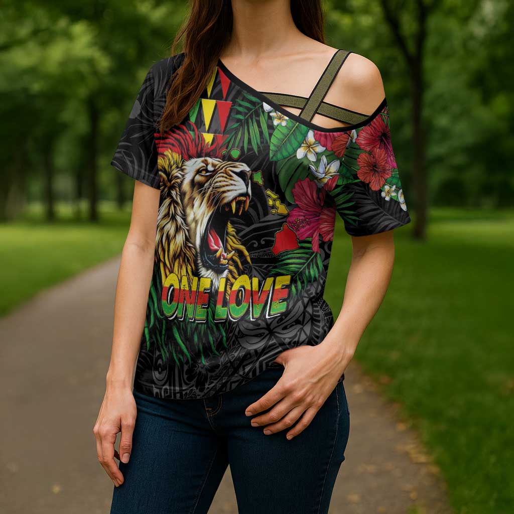 Hawaiian One Love Cross Shoulder Shirt Reggae Lion Tropical Plants and Kakau with Tribal Pattern LT03 - Polynesian Pride