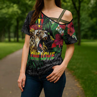 Hawaiian One Love Cross Shoulder Shirt Reggae Lion Tropical Plants and Kakau with Tribal Pattern LT03 - Polynesian Pride