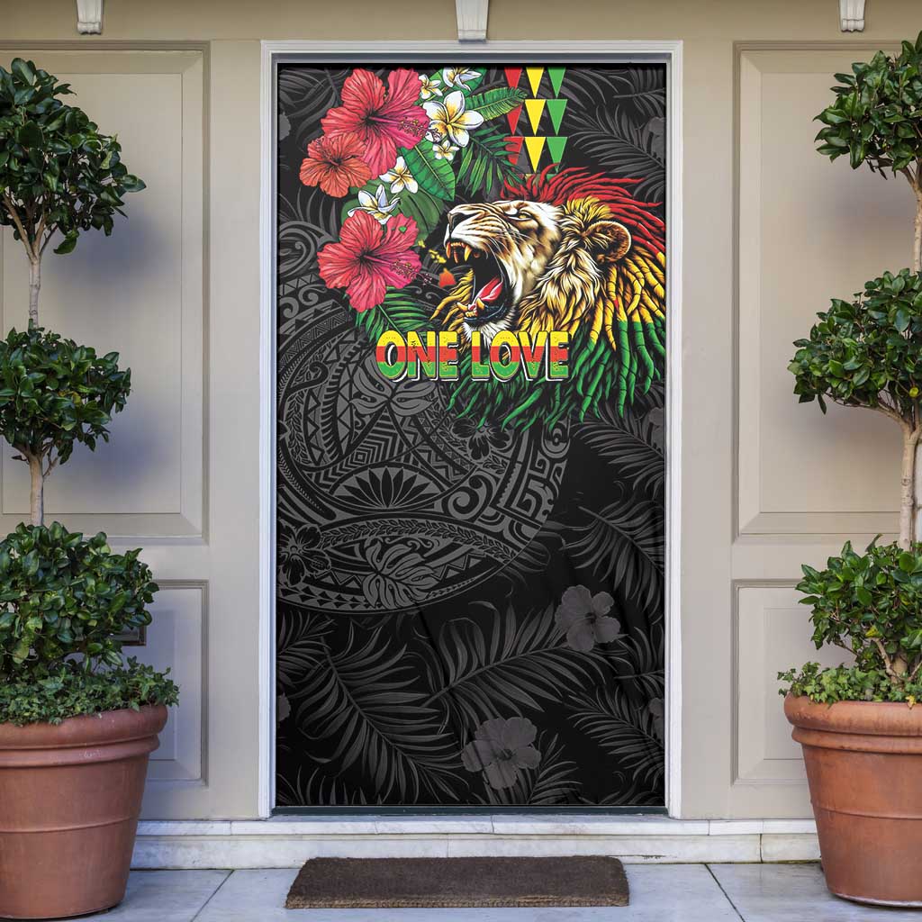 Hawaiian One Love Door Cover Reggae Lion Tropical Plants and Kakau with Tribal Pattern