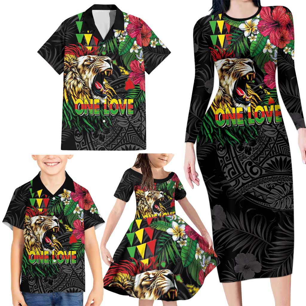 Hawaiian One Love Family Matching Long Sleeve Bodycon Dress and Hawaiian Shirt Reggae Lion Tropical Plants and Kakau with Tribal Pattern
