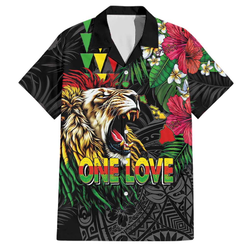 Hawaiian One Love Family Matching Mermaid Dress and Hawaiian Shirt Reggae Lion Tropical Plants and Kakau with Tribal Pattern LT03 Dad's Shirt - Short Sleeve Black - Polynesian Pride