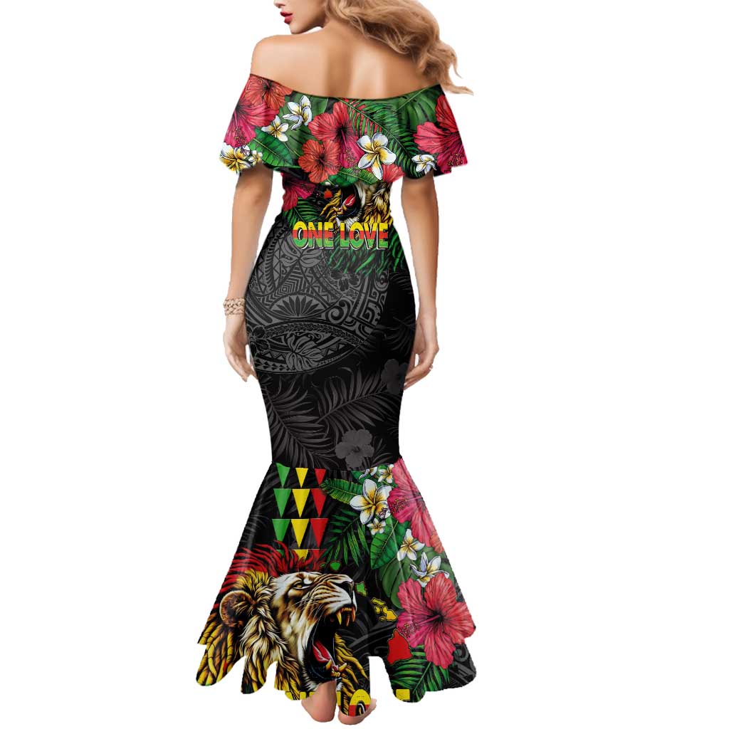 Hawaiian One Love Family Matching Mermaid Dress and Hawaiian Shirt Reggae Lion Tropical Plants and Kakau with Tribal Pattern LT03 - Polynesian Pride