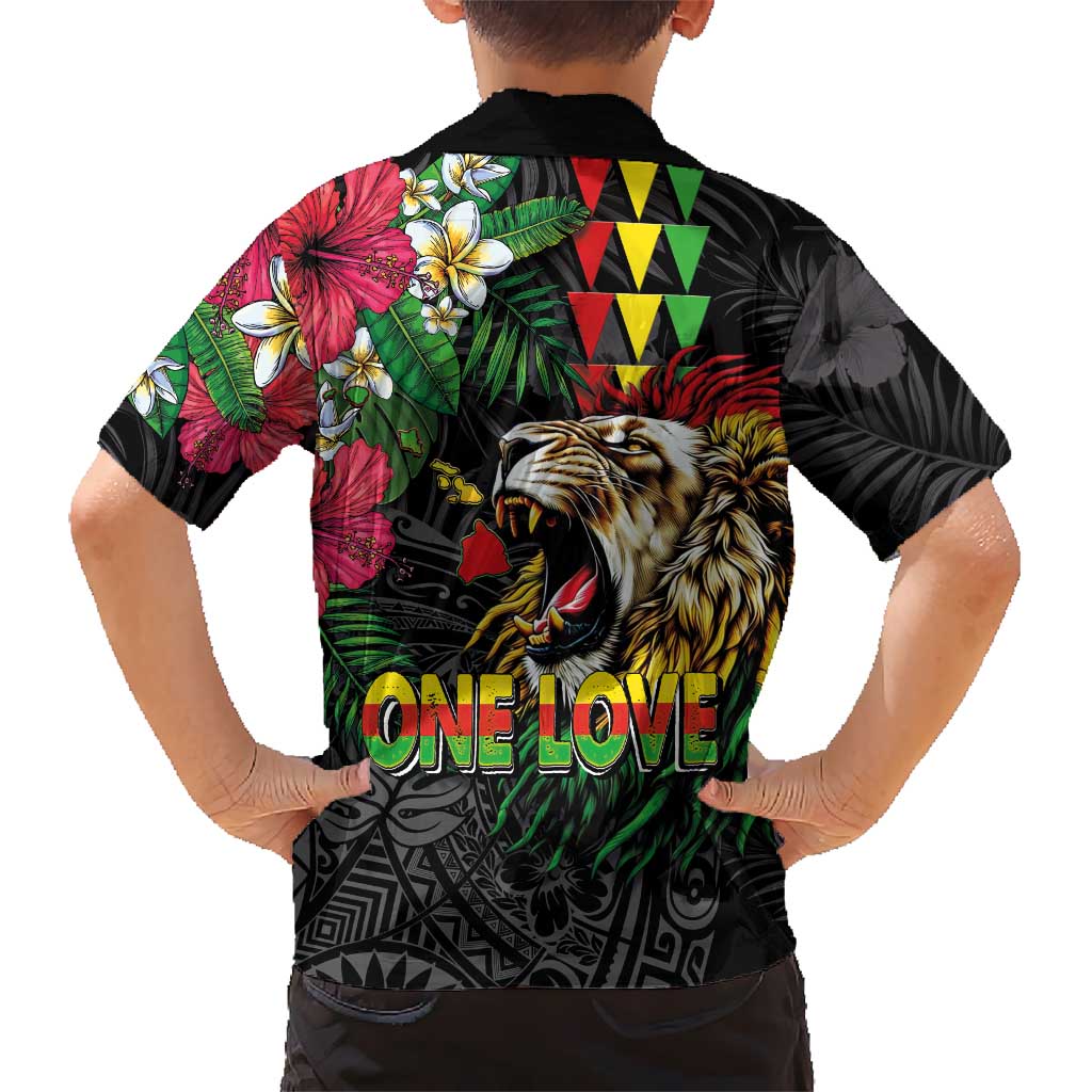 Hawaiian One Love Family Matching Off Shoulder Maxi Dress and Hawaiian Shirt Reggae Lion Tropical Plants and Kakau with Tribal Pattern LT03 - Polynesian Pride