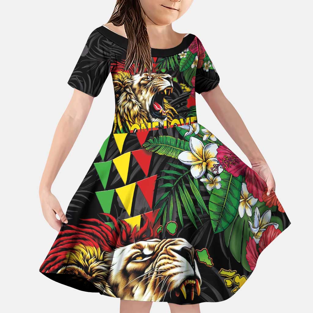 Hawaiian One Love Family Matching Off Shoulder Short Dress and Hawaiian Shirt Reggae Lion Tropical Plants and Kakau with Tribal Pattern LT03 Daughter's Dress Black - Polynesian Pride