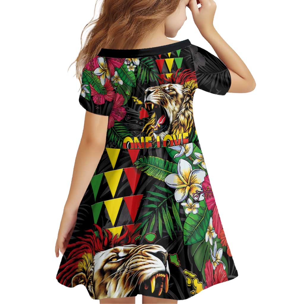 Hawaiian One Love Family Matching Off Shoulder Short Dress and Hawaiian Shirt Reggae Lion Tropical Plants and Kakau with Tribal Pattern LT03 - Polynesian Pride