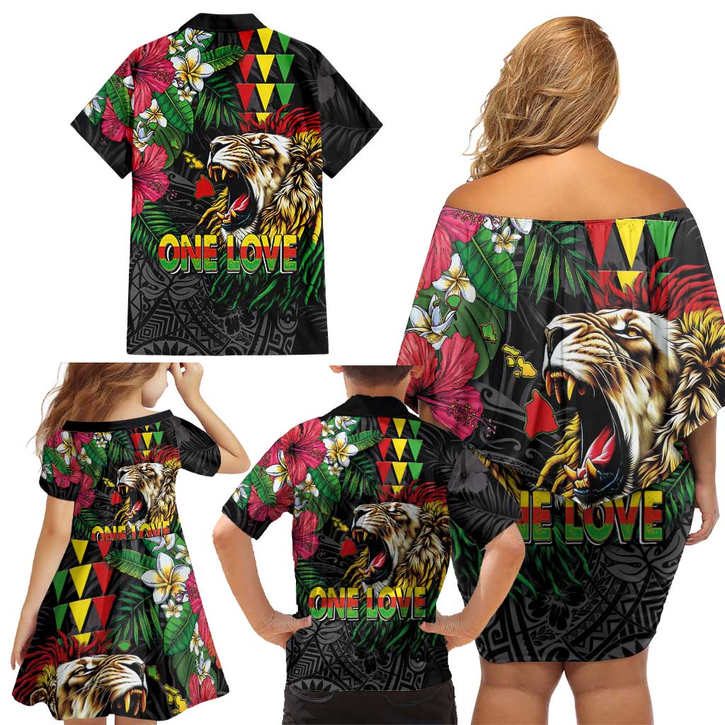Hawaiian One Love Family Matching Off Shoulder Short Dress and Hawaiian Shirt Reggae Lion Tropical Plants and Kakau with Tribal Pattern LT03 - Polynesian Pride