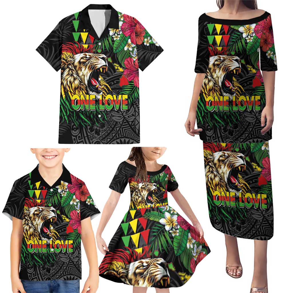 Hawaiian One Love Family Matching Puletasi and Hawaiian Shirt Reggae Lion Tropical Plants and Kakau with Tribal Pattern LT03 - Polynesian Pride