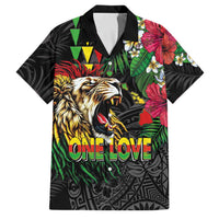 Hawaiian One Love Family Matching Puletasi and Hawaiian Shirt Reggae Lion Tropical Plants and Kakau with Tribal Pattern LT03 Dad's Shirt - Short Sleeve Black - Polynesian Pride