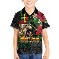 Hawaiian One Love Family Matching Puletasi and Hawaiian Shirt Reggae Lion Tropical Plants and Kakau with Tribal Pattern LT03 Son's Shirt Black - Polynesian Pride