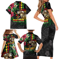 Hawaiian One Love Family Matching Short Sleeve Bodycon Dress and Hawaiian Shirt Reggae Lion Tropical Plants and Kakau with Tribal Pattern LT03 - Polynesian Pride