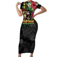 Hawaiian One Love Family Matching Short Sleeve Bodycon Dress and Hawaiian Shirt Reggae Lion Tropical Plants and Kakau with Tribal Pattern LT03 Mom's Dress Black - Polynesian Pride