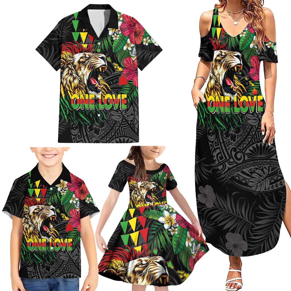 Hawaiian One Love Family Matching Summer Maxi Dress and Hawaiian Shirt Reggae Lion Tropical Plants and Kakau with Tribal Pattern LT03 - Polynesian Pride