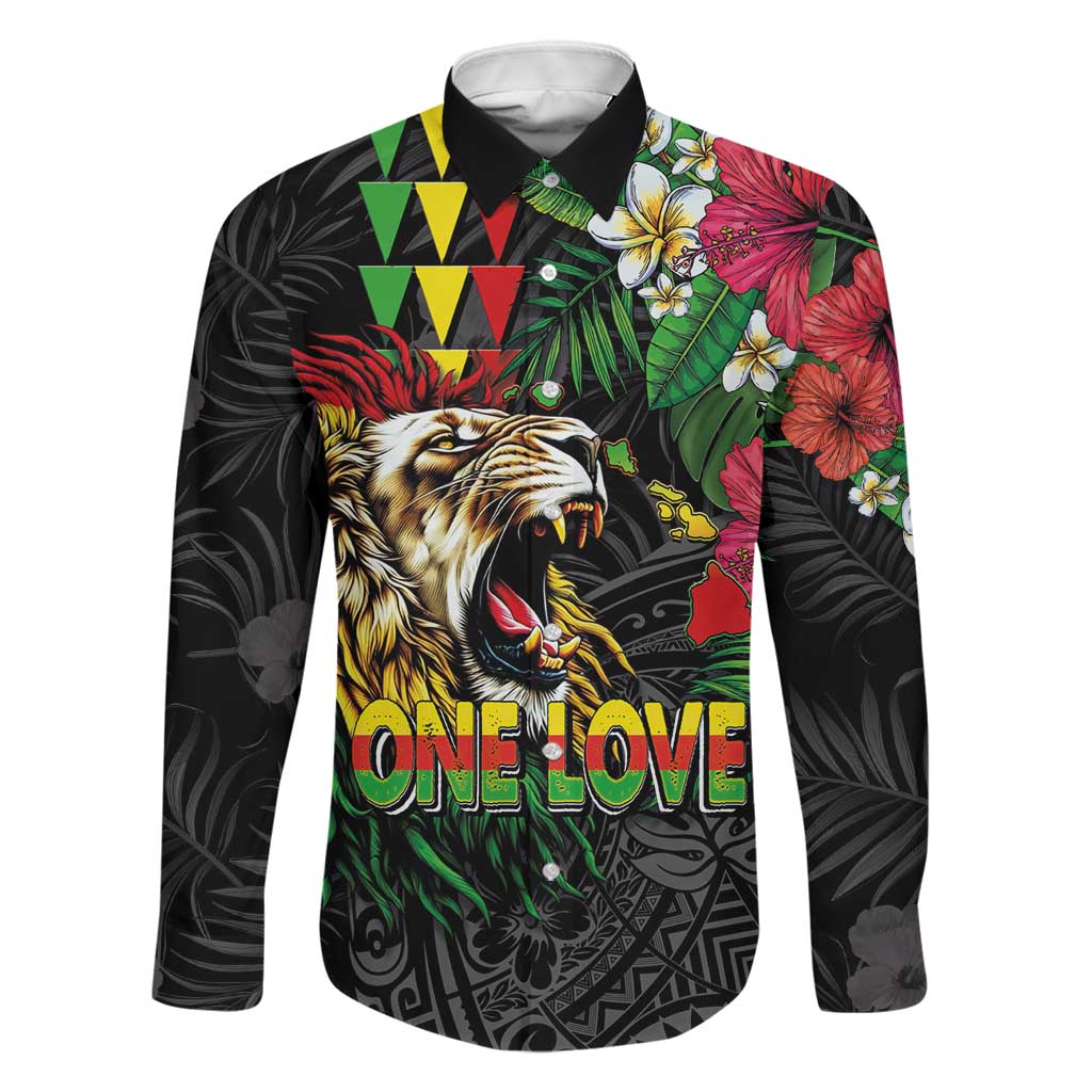 Hawaiian One Love Family Matching Summer Maxi Dress and Hawaiian Shirt Reggae Lion Tropical Plants and Kakau with Tribal Pattern LT03 Dad's Shirt - Long Sleeve Black - Polynesian Pride
