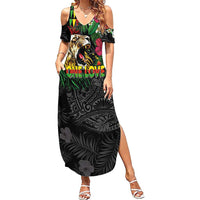 Hawaiian One Love Family Matching Summer Maxi Dress and Hawaiian Shirt Reggae Lion Tropical Plants and Kakau with Tribal Pattern LT03 Mom's Dress Black - Polynesian Pride