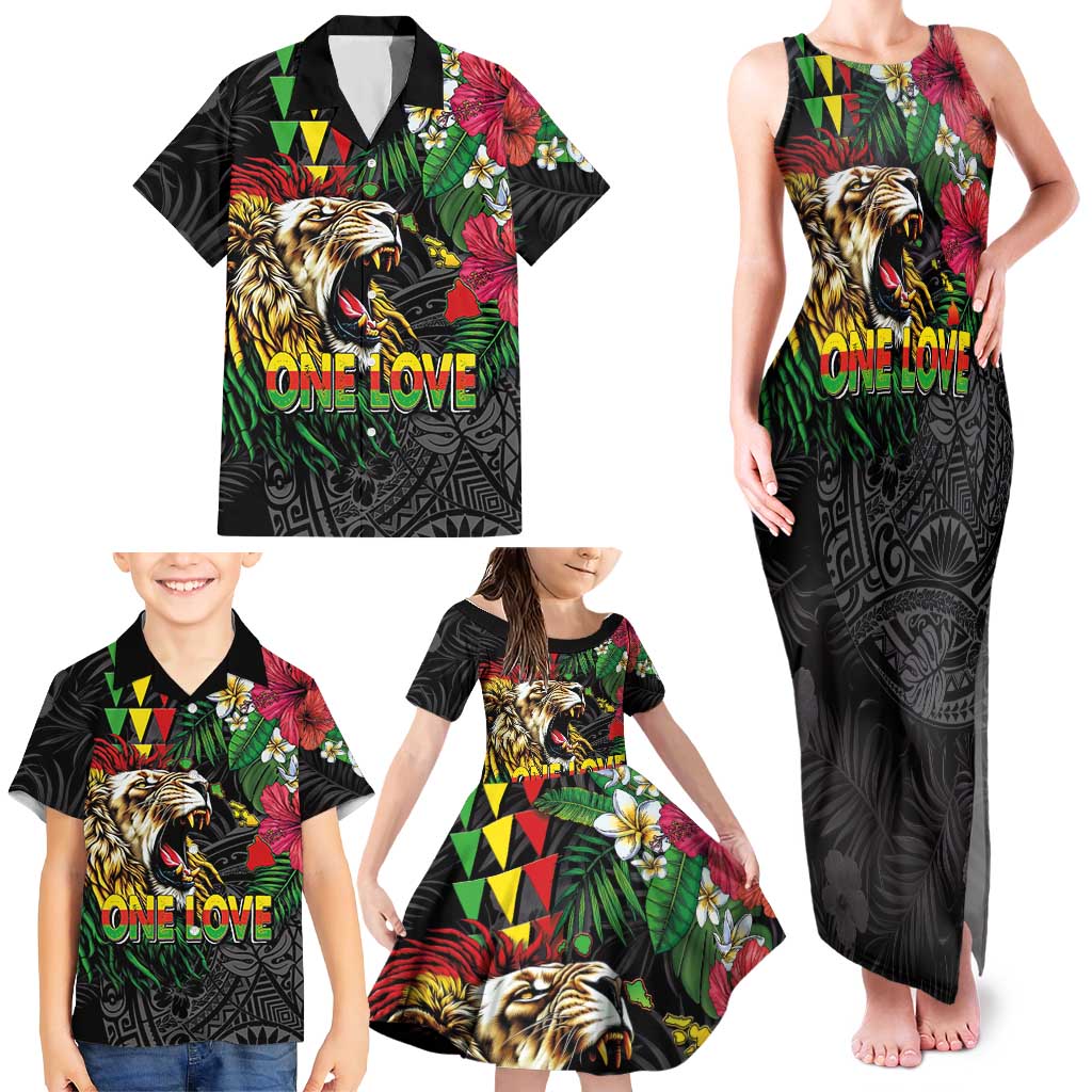 Hawaiian One Love Family Matching Tank Maxi Dress and Hawaiian Shirt Reggae Lion Tropical Plants and Kakau with Tribal Pattern LT03 - Polynesian Pride