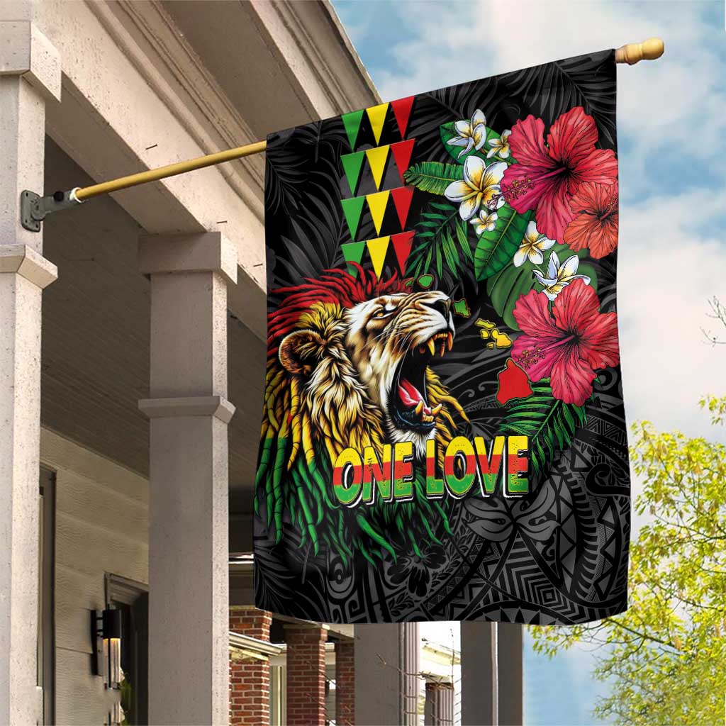 Hawaiian One Love Garden Flag Reggae Lion Tropical Plants and Kakau with Tribal Pattern