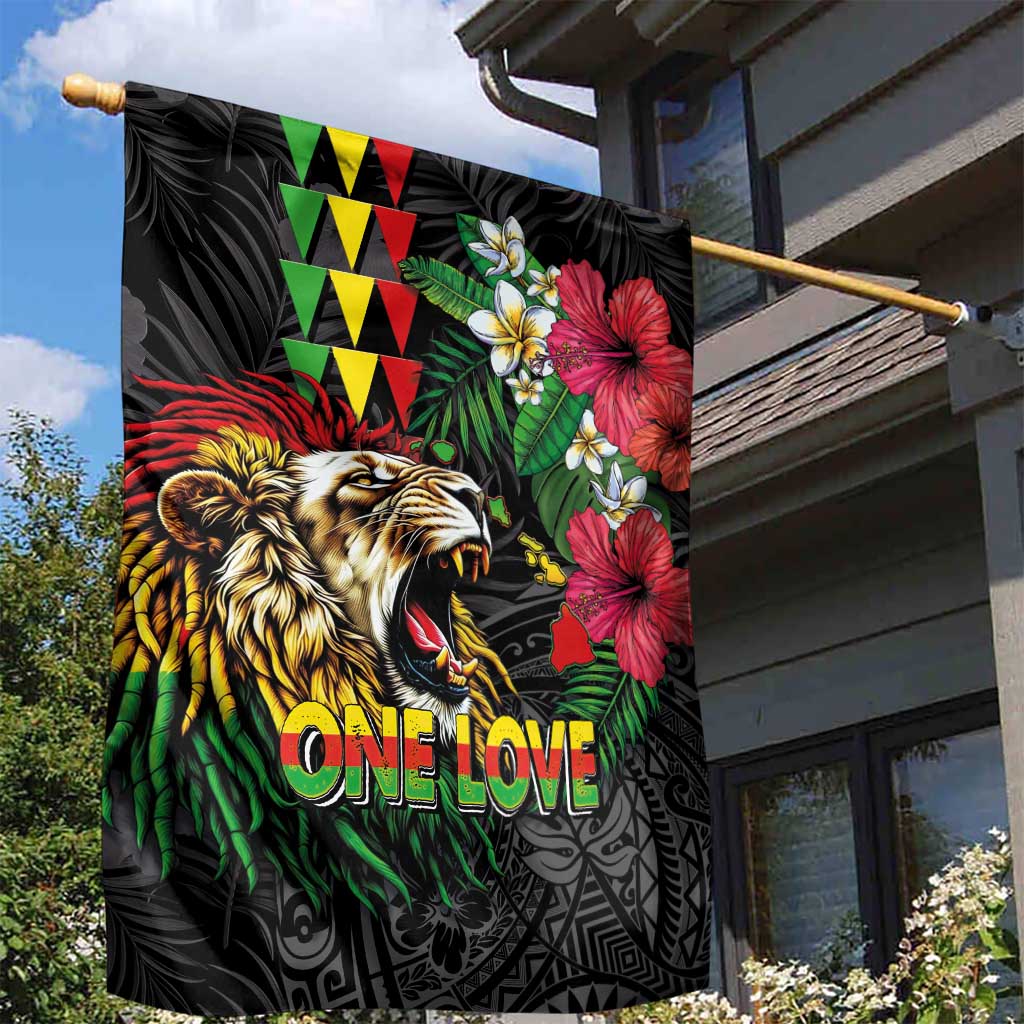 Hawaiian One Love Garden Flag Reggae Lion Tropical Plants and Kakau with Tribal Pattern