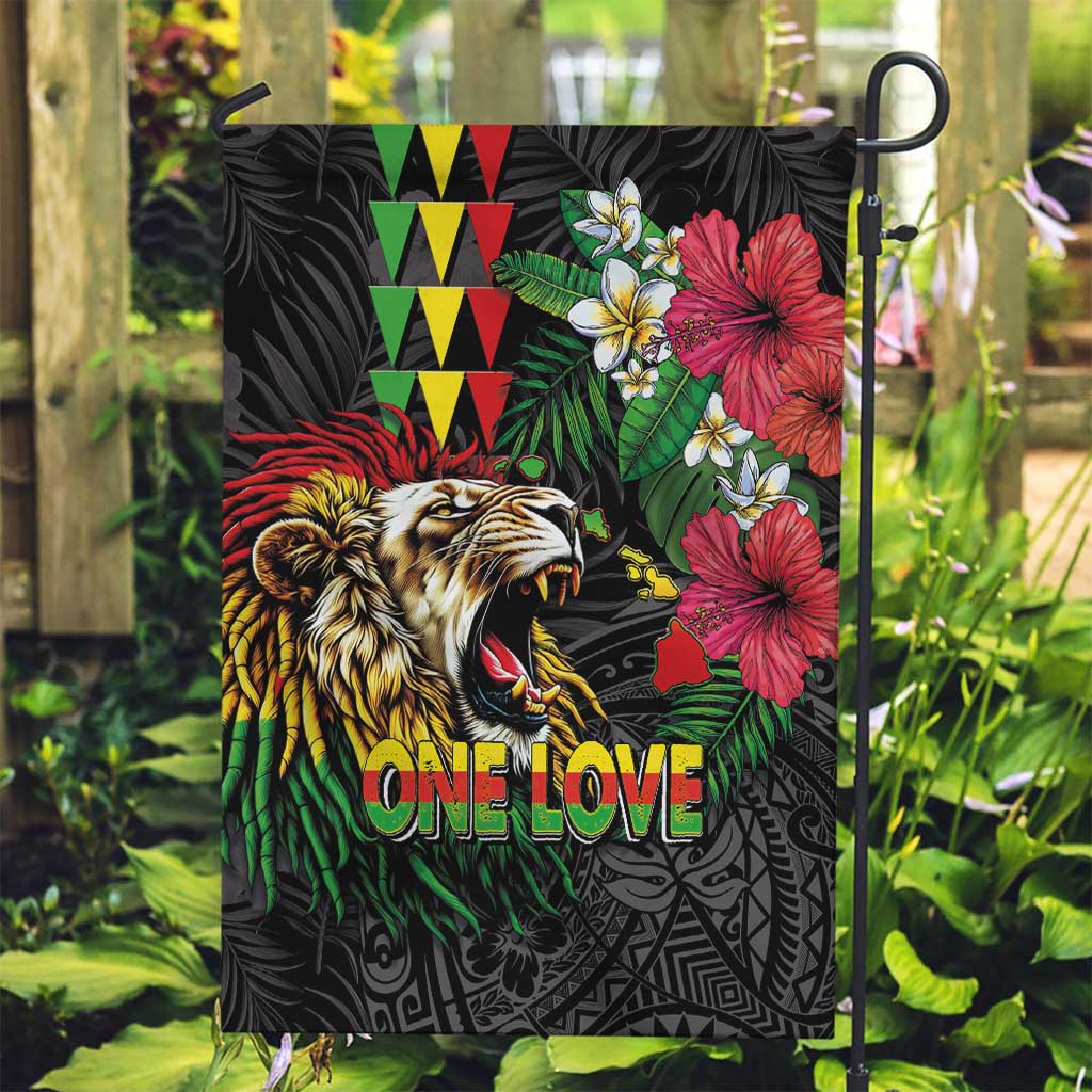 Hawaiian One Love Garden Flag Reggae Lion Tropical Plants and Kakau with Tribal Pattern