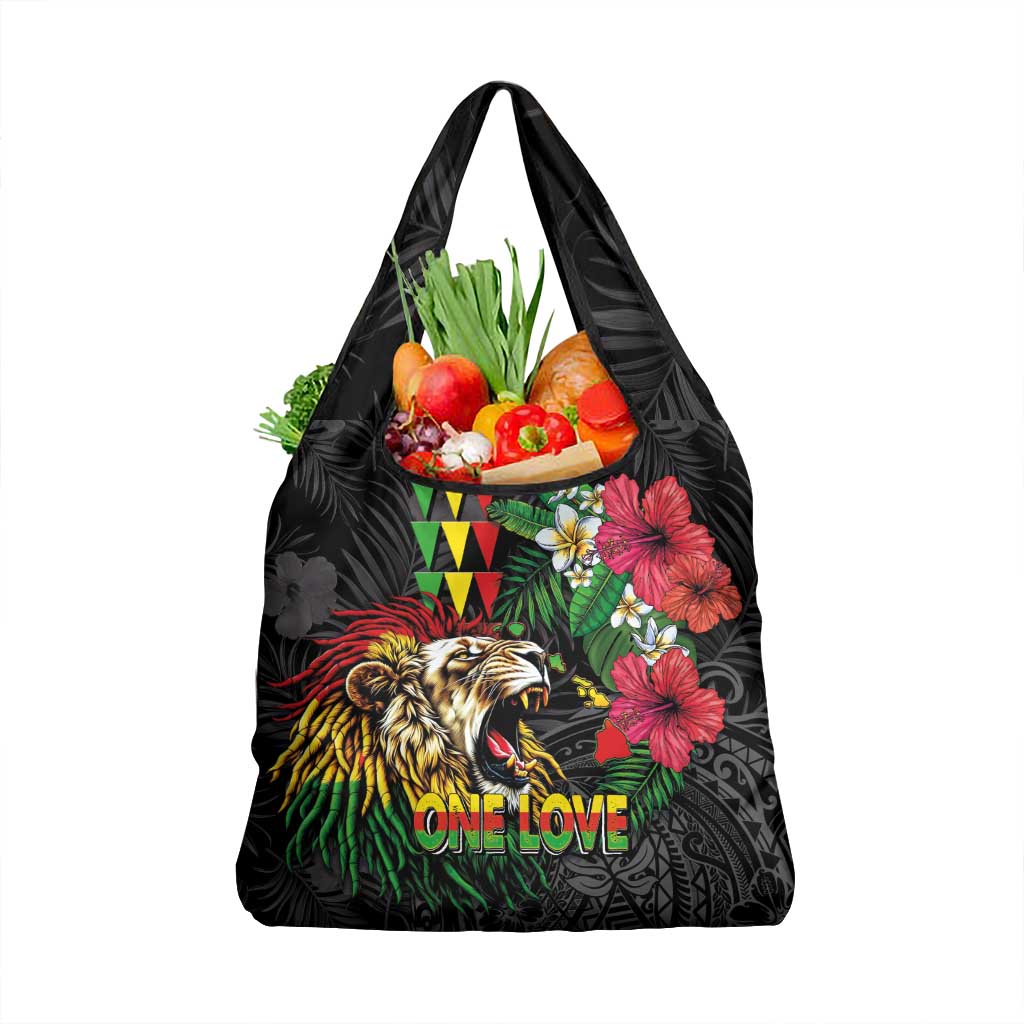 Hawaiian One Love Grocery Bag Reggae Lion Tropical Plants and Kakau with Tribal Pattern