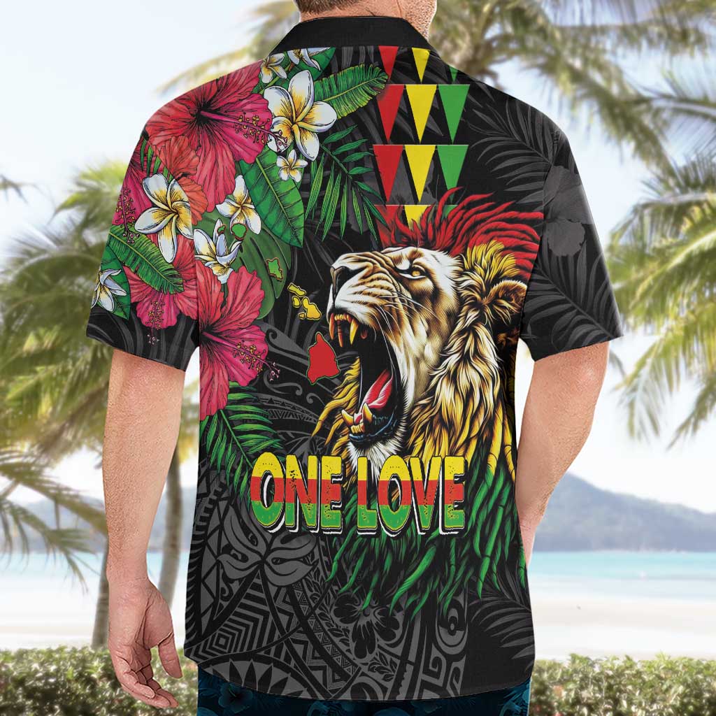 Hawaiian One Love Hawaiian Shirt Reggae Lion Tropical Plants and Kakau with Tribal Pattern