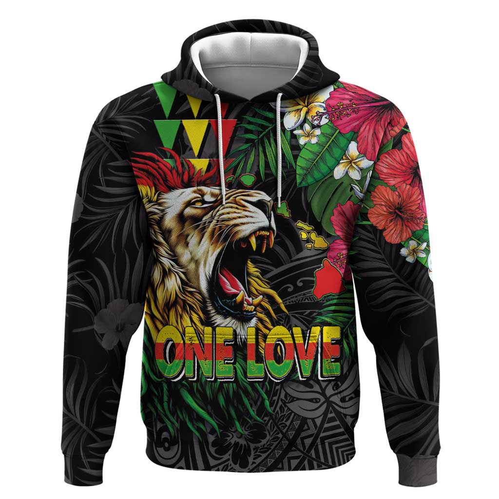 Hawaiian One Love Hoodie Reggae Lion Tropical Plants and Kakau with Tribal Pattern