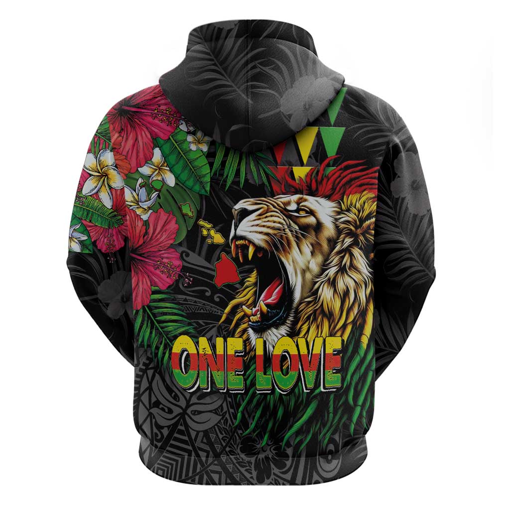 Hawaiian One Love Hoodie Reggae Lion Tropical Plants and Kakau with Tribal Pattern