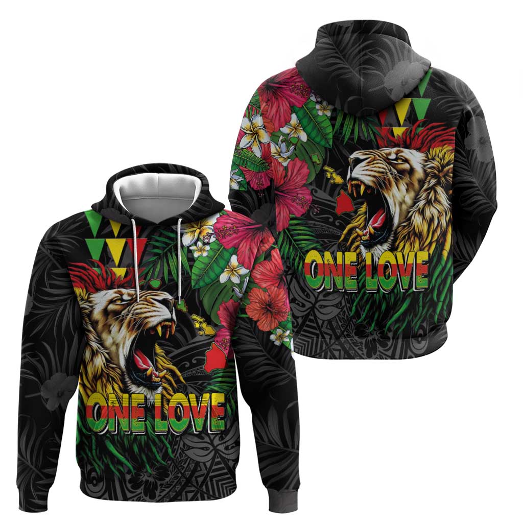 Hawaiian One Love Hoodie Reggae Lion Tropical Plants and Kakau with Tribal Pattern