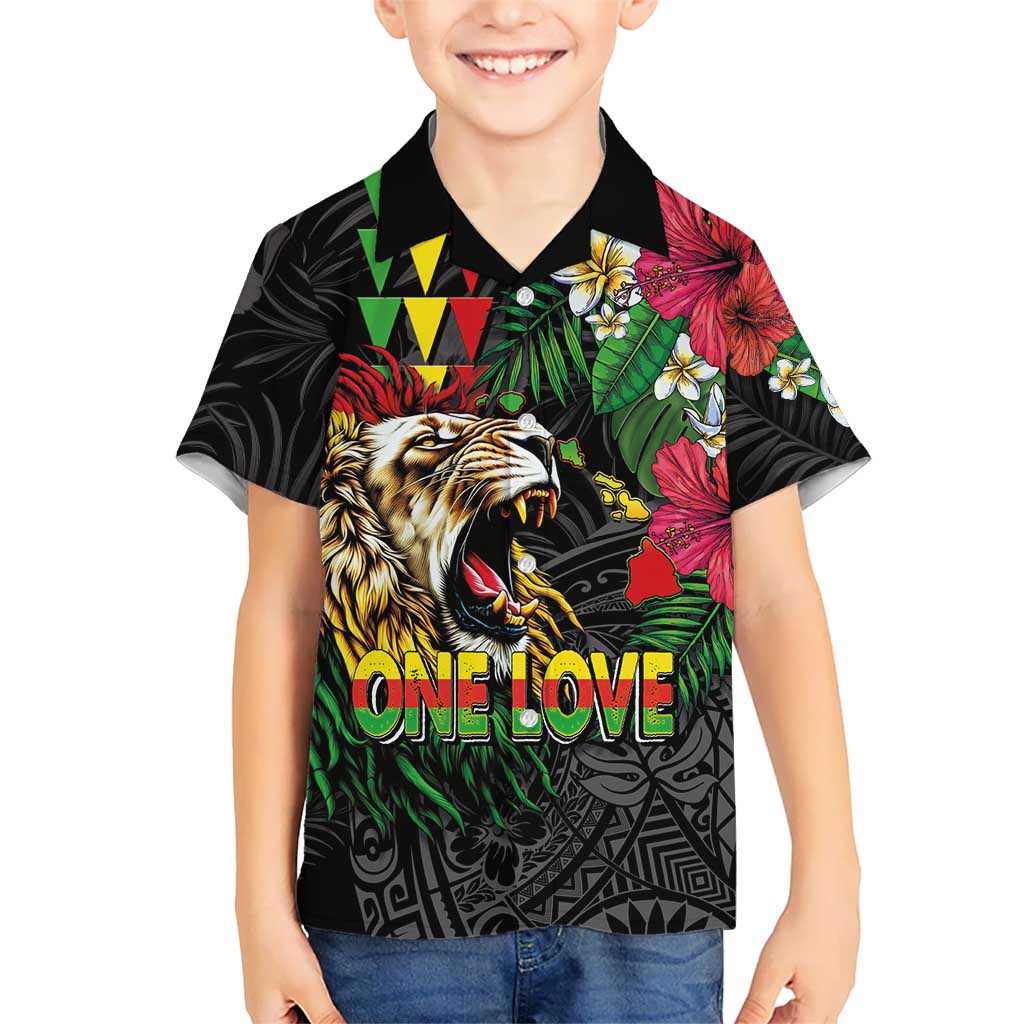 Hawaiian One Love Kid Hawaiian Shirt Reggae Lion Tropical Plants and Kakau with Tribal Pattern