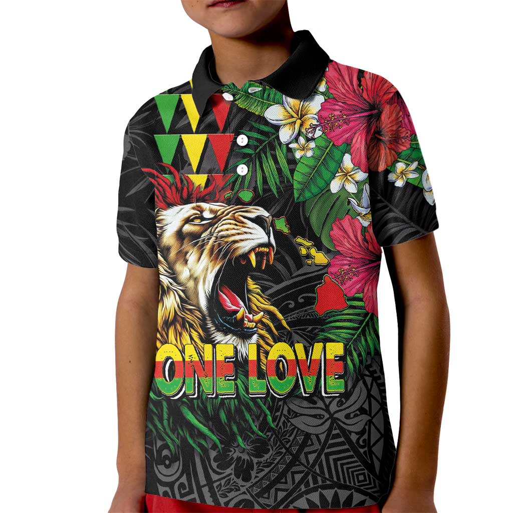 Hawaiian One Love Kid Polo Shirt Reggae Lion Tropical Plants and Kakau with Tribal Pattern