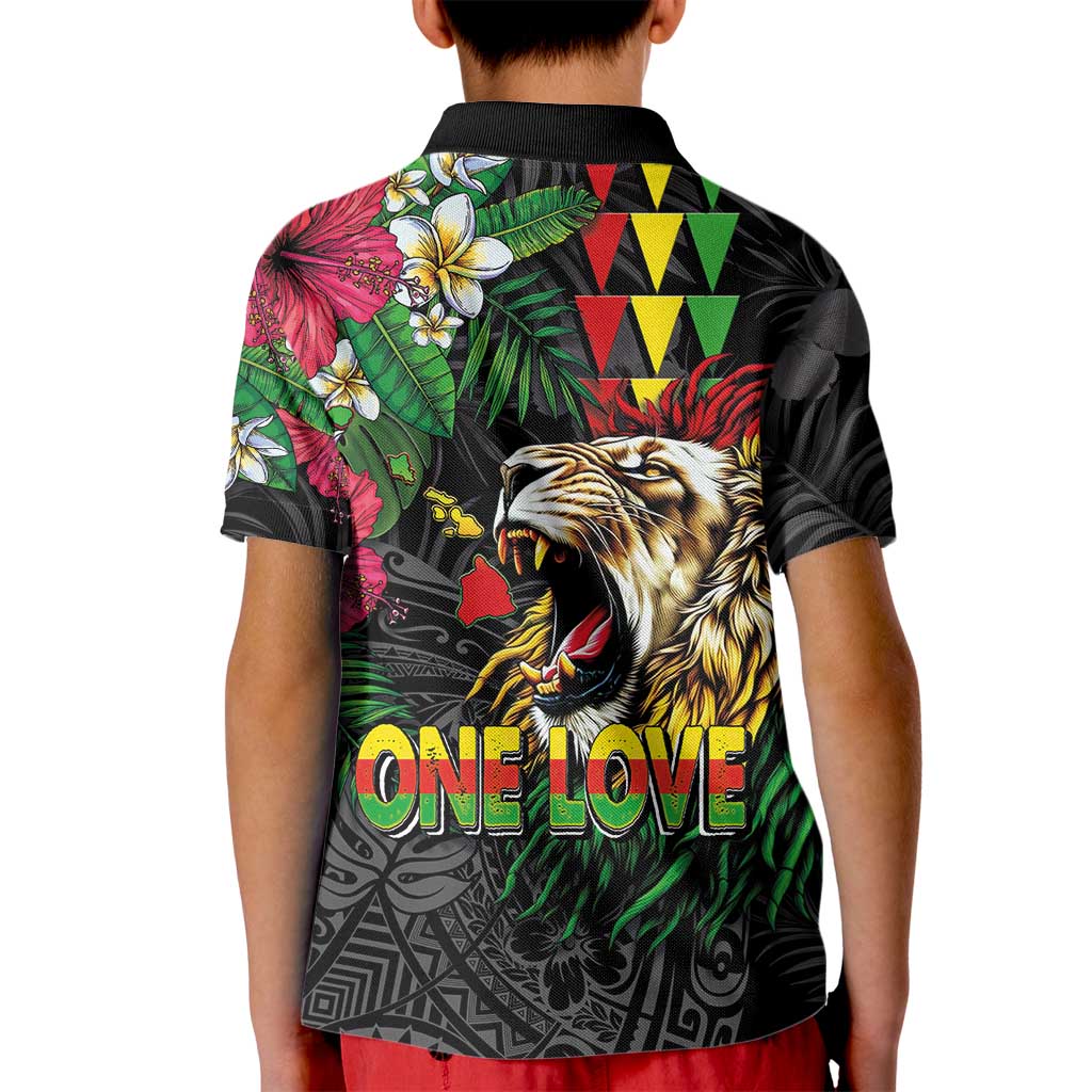 Hawaiian One Love Kid Polo Shirt Reggae Lion Tropical Plants and Kakau with Tribal Pattern
