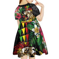 Hawaiian One Love Kid Short Sleeve Dress Reggae Lion Tropical Plants and Kakau with Tribal Pattern LT03 - Polynesian Pride
