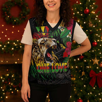 Hawaiian One Love Christmas Knitted V-Neck Vest Reggae Lion Tropical Plants and Kakau with Tribal Pattern LT03 - Polynesian Pride