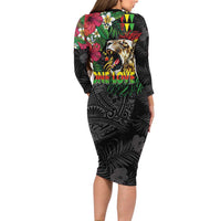 Hawaiian One Love Long Sleeve Bodycon Dress Reggae Lion Tropical Plants and Kakau with Tribal Pattern LT03 - Polynesian Pride