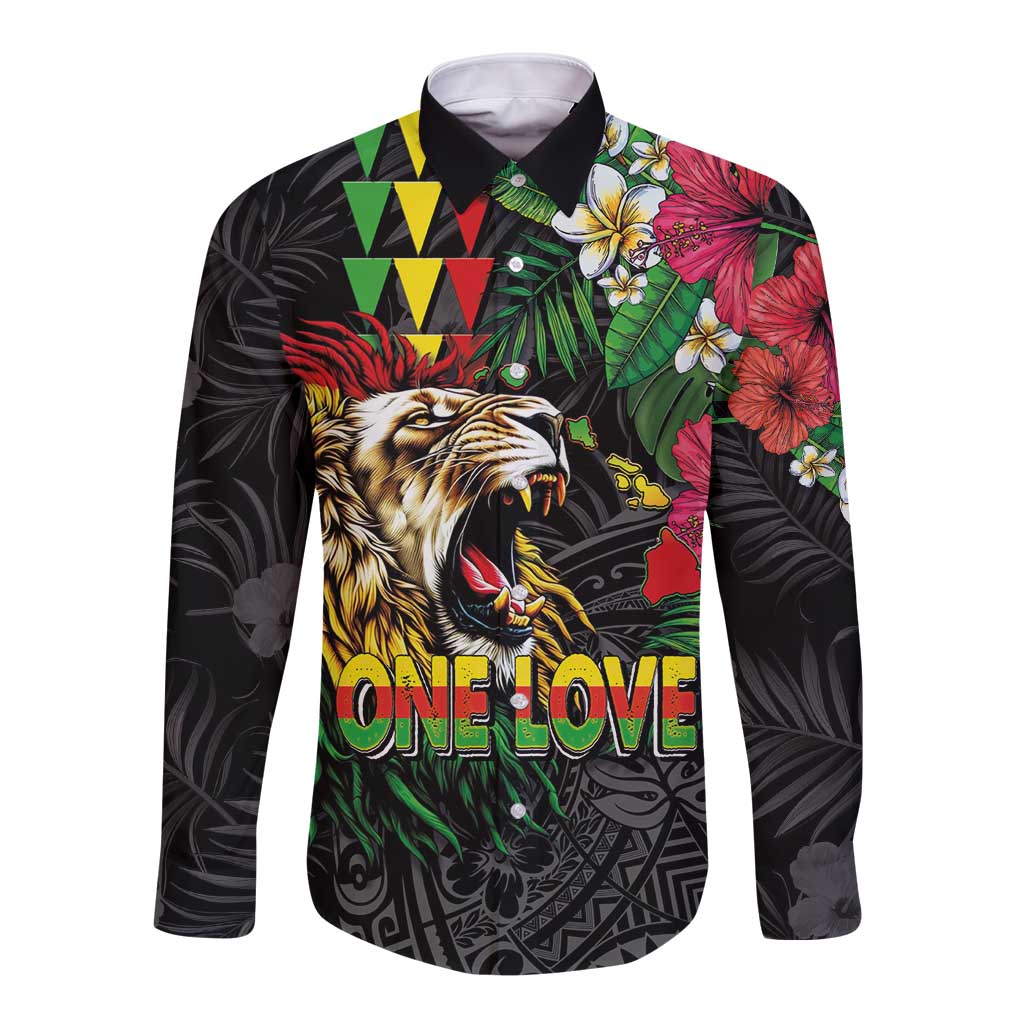 Hawaiian One Love Long Sleeve Button Shirt Reggae Lion Tropical Plants and Kakau with Tribal Pattern