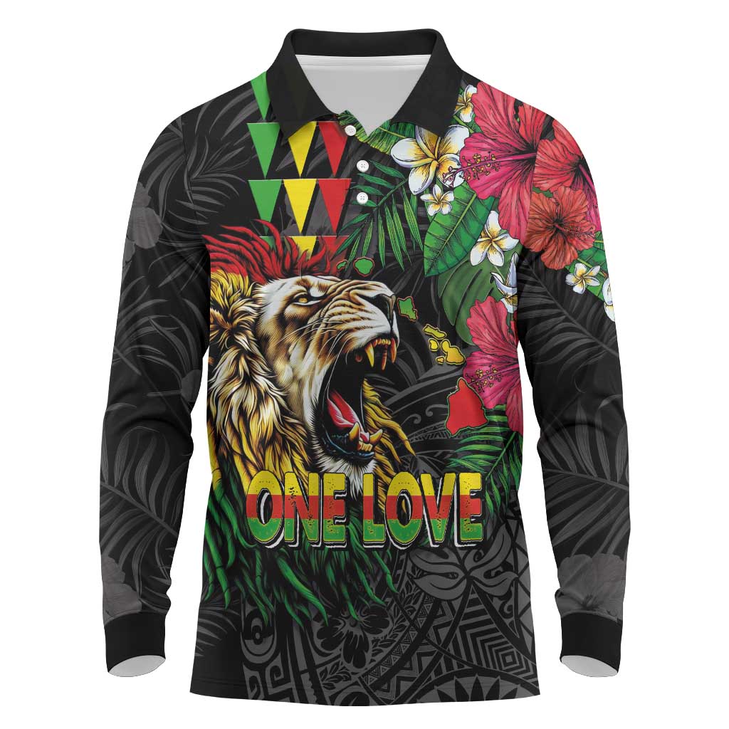 Hawaiian One Love Long Sleeve Polo Shirt Reggae Lion Tropical Plants and Kakau with Tribal Pattern LT03 Black - Polynesian Pride