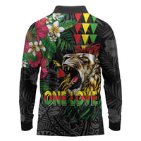 Hawaiian One Love Long Sleeve Polo Shirt Reggae Lion Tropical Plants and Kakau with Tribal Pattern LT03 - Polynesian Pride